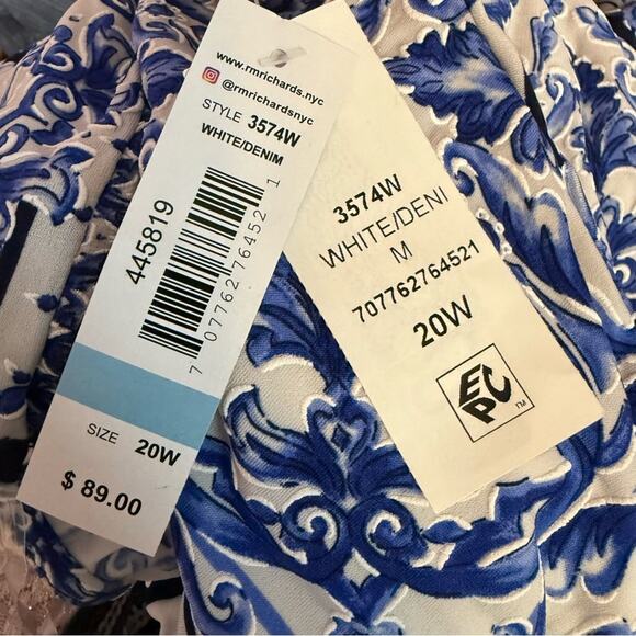 R & M Richards Plus Size Printed Blouson A-Line Dress White/Denim Sz 20W - Picture 8 of 10